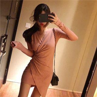 Plain Asymmetric V-neck Long-sleeve Dress