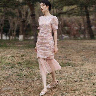 Short-sleeve Embroidered Chiffon Midi Mermaid Dress