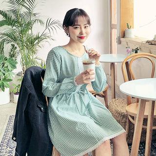 Lace-trim A-line Gingham Dress