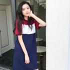 Short-sleeve Color Block Knit Dress As Shown In Figure - One Size