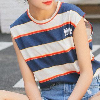 Lettering Printed Strip Sleeveless Top