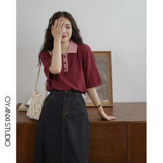 Contrast Collar Short-sleeve Knit Polo Shirt