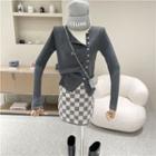 Checkered Mini Pencil Skirt / Asymmetrical Cardigan