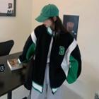 Color Block Lettering Zip-up Jacket Green & Black & White - One Size