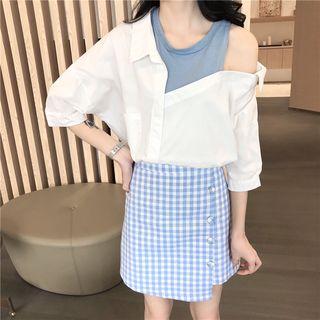 Set: Elbow-sleeve Cutout Top + Plaid A-line Mini Skirt