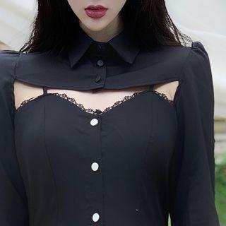 Lace Trim Spaghetti Strap Mini A-line Dress / Cropped Shirt