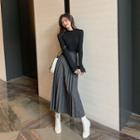 Mock-neck Long-sleeve Knit Top / Midi Accordion Pleat Skirt