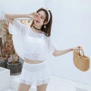 Set: Lace Trim Swim Top + Swim Skirt + Short-sleeve Cover-up Top