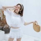 Set: Lace Trim Swim Top + Swim Skirt + Short-sleeve Cover-up Top