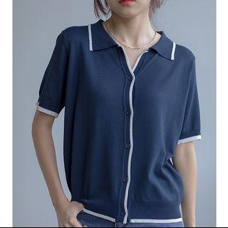 Polo-neck Knit Short-sleeve Top