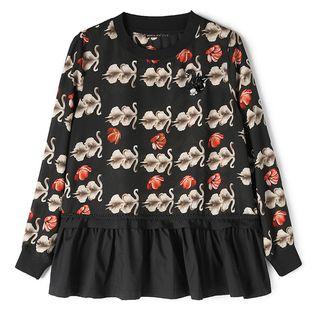 Swan Print Ruffle Hem Long-sleeve Top