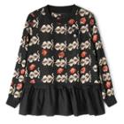 Swan Print Ruffle Hem Long-sleeve Top