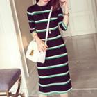 Striped Elbow-sleeve Midi Knit Dress