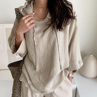 Linen Blend Oversize Hoodie Beige - One Size
