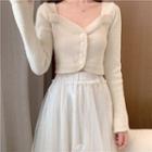 Long-sleeve Plain Cardigan / Feather Embroidered A-line Skirt