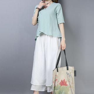 Set: V-neck Elbow-sleeve Hanfu Top + Cropped Wide-leg Pants