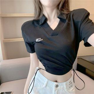 Short-sleeve Open-collar Lettering Drawstring Dance Crop Top