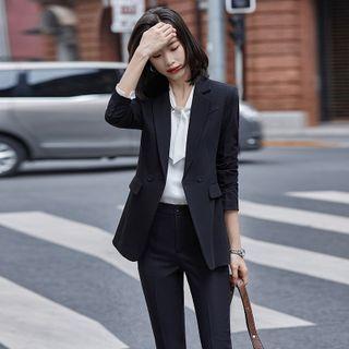 Tie-neck Shirt / Blazer / Straight Leg Pants / Set