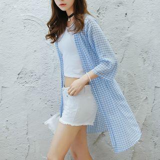 3/4-sleeve Plaid Chiffon Long Shirt