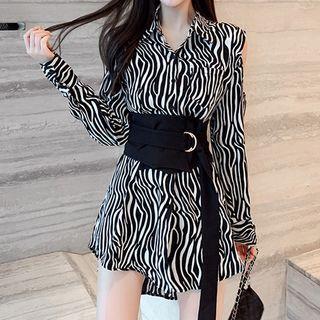 Set: Long-sleeve Zebra Print Mini A-line Shirtdress + Waist Belt