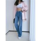Mid Rise Distressed Wide Leg Jeans / Shirt