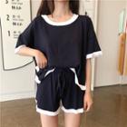 Set: Color-block Loose-fit Short-sleeve Knit Top + Slim-fit Shorts