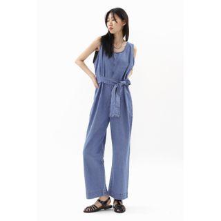 Sleeveless Denim Jumpsuit With Sash Blue - One Size