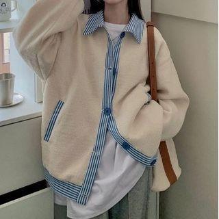 Striped Collar Panel Jacket Jacket - Milky White - One Size