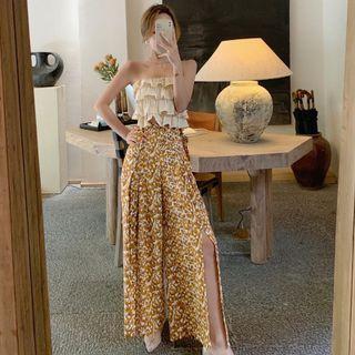 Ruffle Trim Tube Top / Floral Slit Wide-leg Pants