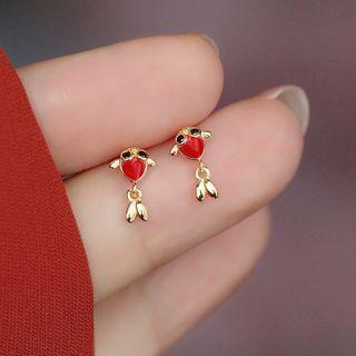 Fish Earring 1 Pair - 925 Silver - Red & Gold - One Size