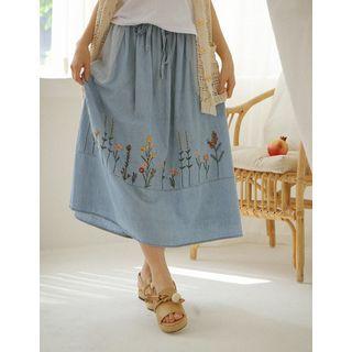 Flower Embroidery Denim Long Skirt One Size