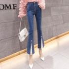 Lace Panel Beaded Cropped Boot-cut Jeans