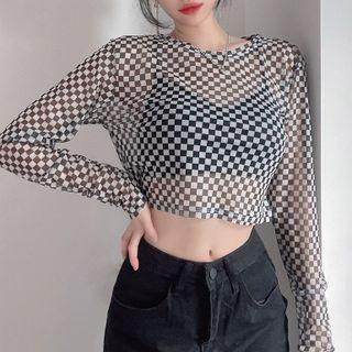 Long-sleeve Checker Print T-shirt Black - One Size