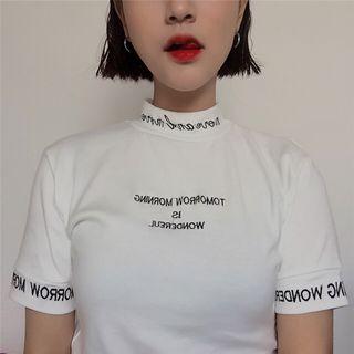 Lettering Embroidered Mock Neck Short-sleeve T-shirt