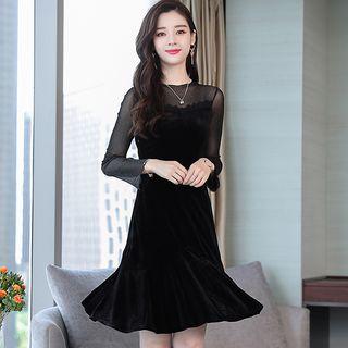 Long-sleeve Velvet Panel A-line Dress