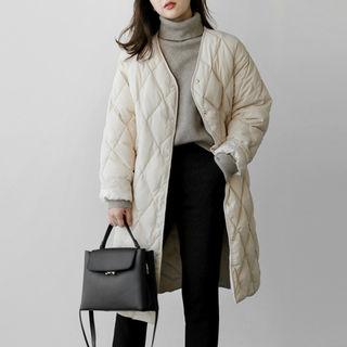 Collarless Quilted Long Jacket