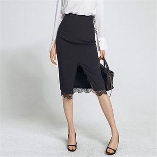 Slit-front Lace-trim Pencil Skirt