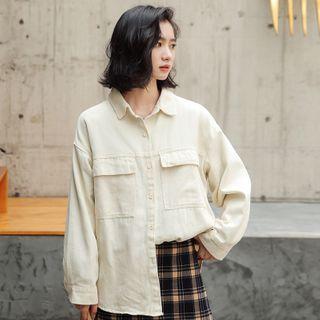 Plain Flap-pocket Shirt Jacket Almond - One Size