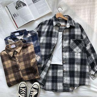Color-block Plaid Acrylic Long-sleeve Blouse