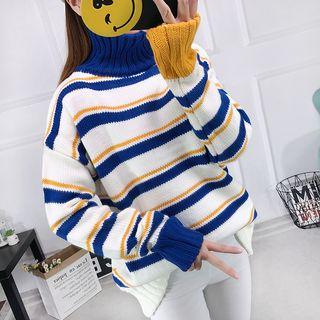 Long-sleeve Color Block Turtleneck Knit Sweater
