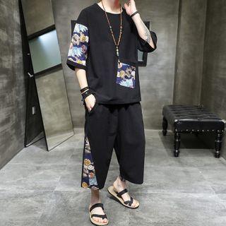 Set: Elbow-sleeve Dragon Print Shirt + Harem Pants