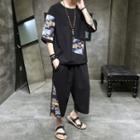 Set: Elbow-sleeve Dragon Print Shirt + Harem Pants