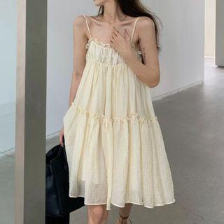 Spaghetti Strap Ruffled A-line Dress Off-white - One Size