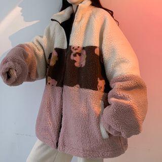 Color Block Bear Print Fleece Jacket