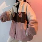 Color Block Bear Print Fleece Jacket