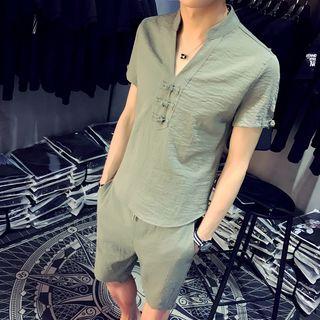 Set: Split Neck Short Sleeve T-shirt + Drawstring Shorts