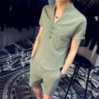 Set: Split Neck Short Sleeve T-shirt + Drawstring Shorts