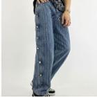 Striped Side-button High Waist Straight Leg Jeans