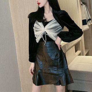Mesh Panel Blouse / Faux Pearl Mini A-line Skirt