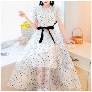 Bubble Sleeve Dotted Mesh Maxi Dress